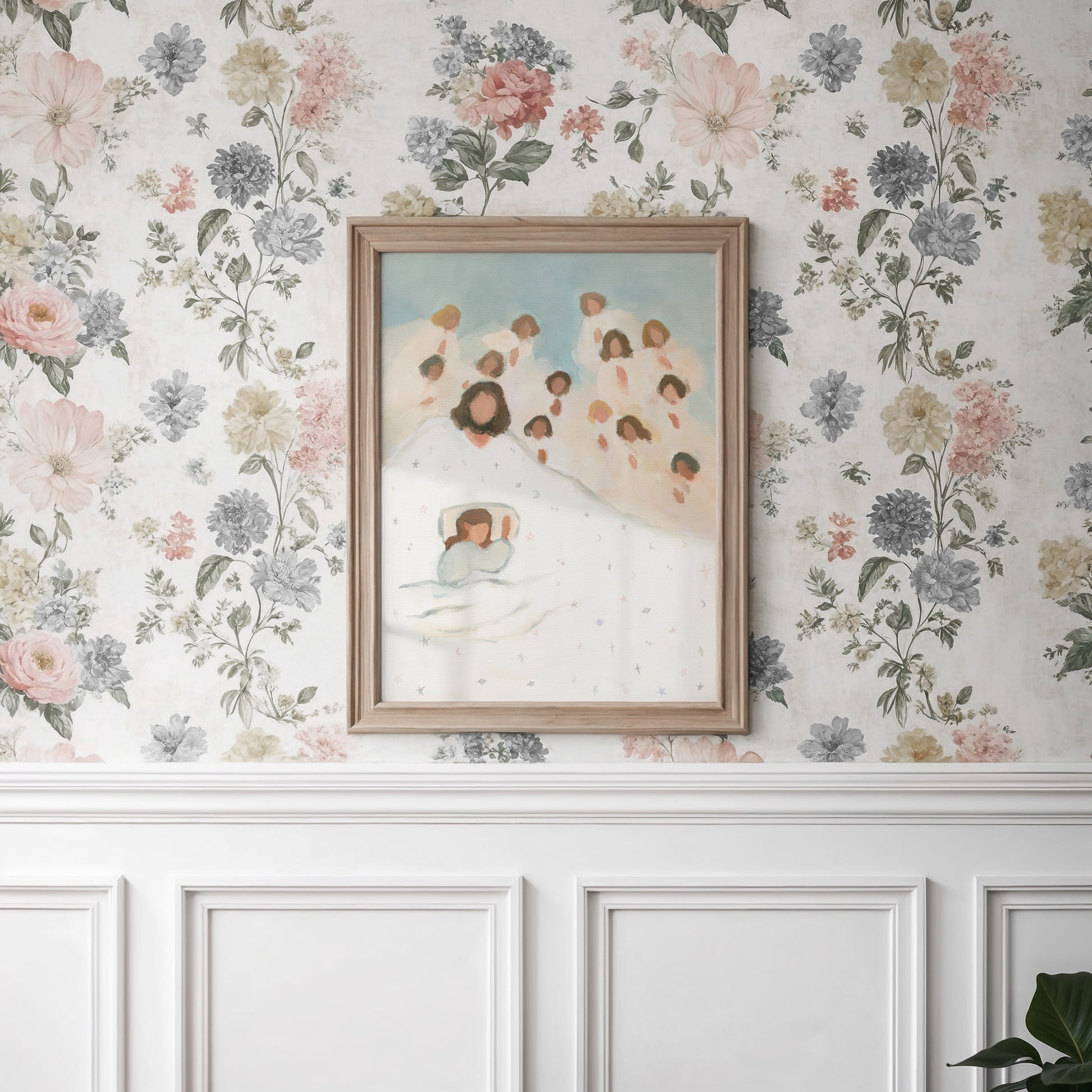 Christian nursery wall art of Jesus and angels watching over a sleeping child