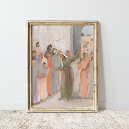 Samaritan woman witnessing about Jesus, Christian wall art inspired by John 4, biblical scene art print