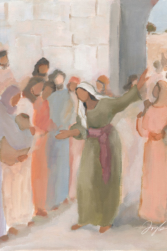 Samaritan woman witnessing about Jesus, Christian wall art inspired by John 4, biblical scene art print