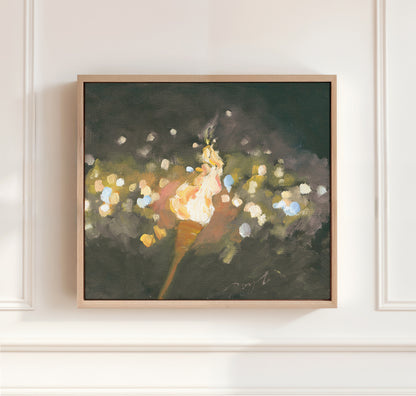 Christian revival torch wall art print with many lit torches