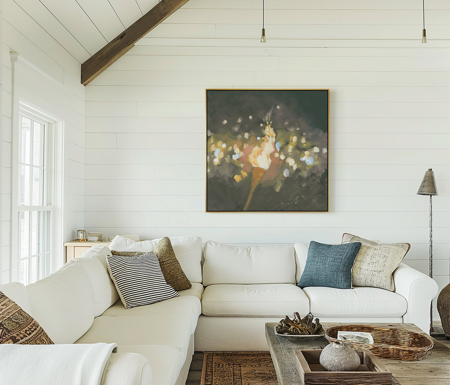 Christian revival torch wall art print with many lit torches