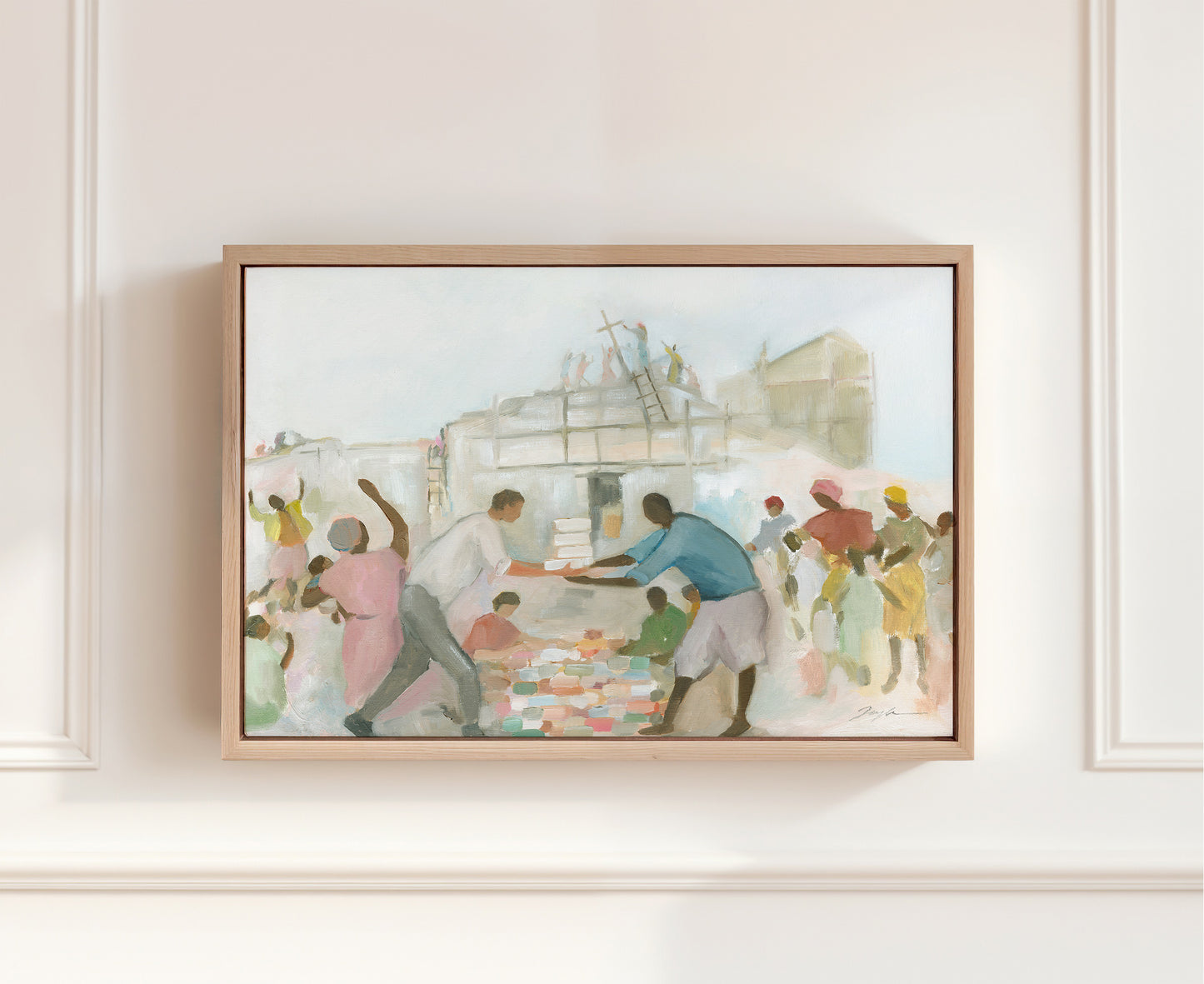 Vibrant Christian wall art Framed canvas symbolizing unity, mutual blessing, and the body of Christ building together in faith.