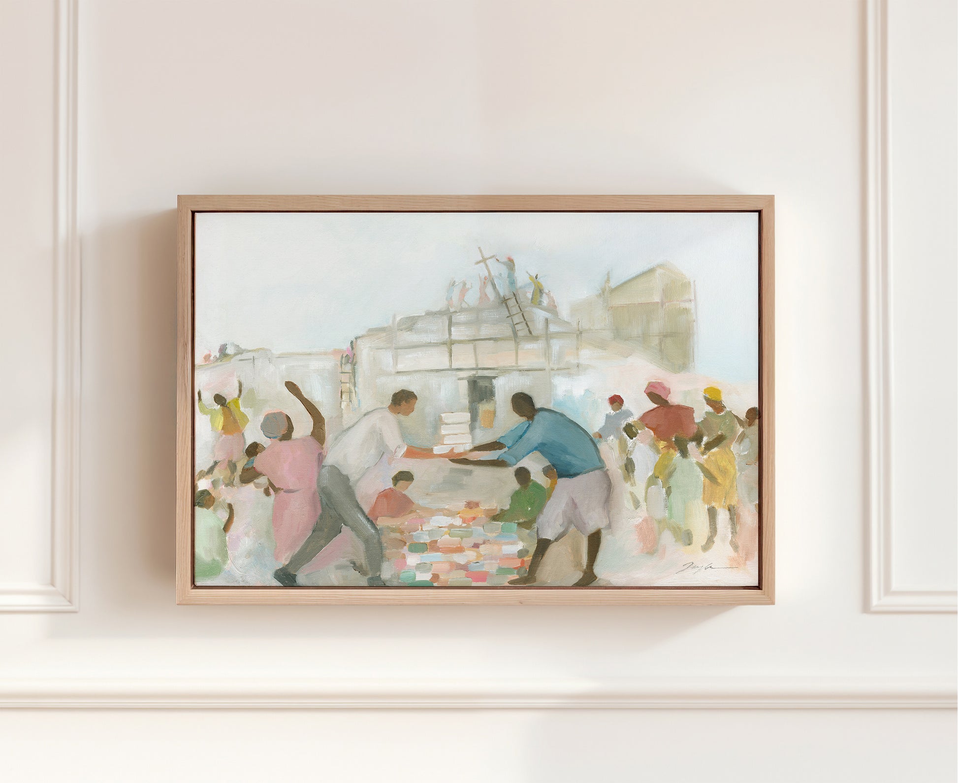 Vibrant Christian wall art Framed canvas symbolizing unity, mutual blessing, and the body of Christ building together in faith.