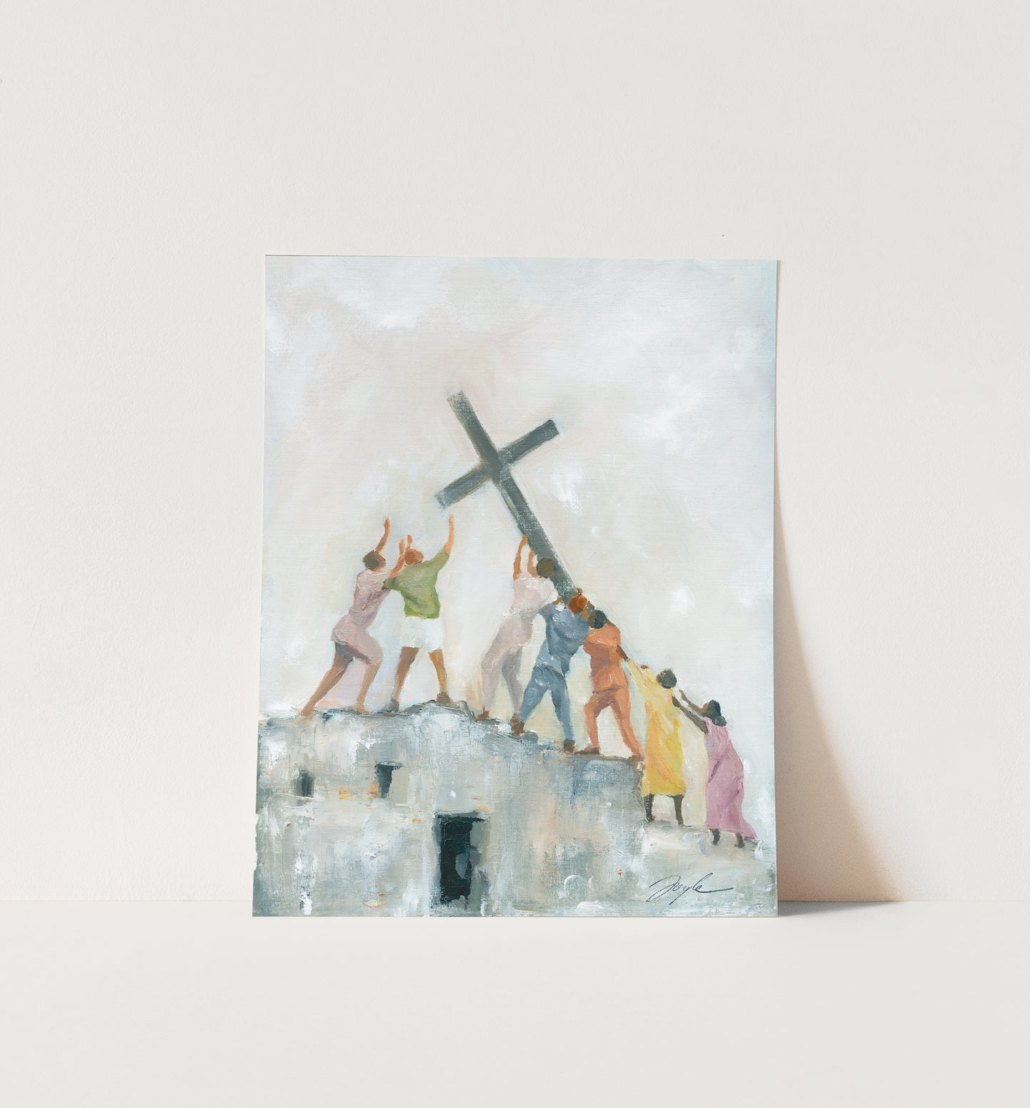 Vibrant Christian wall art of people from different backgrounds raising the cross together on a ruined building, symbolizing the global church, persecution, unity, and hope in Christ.