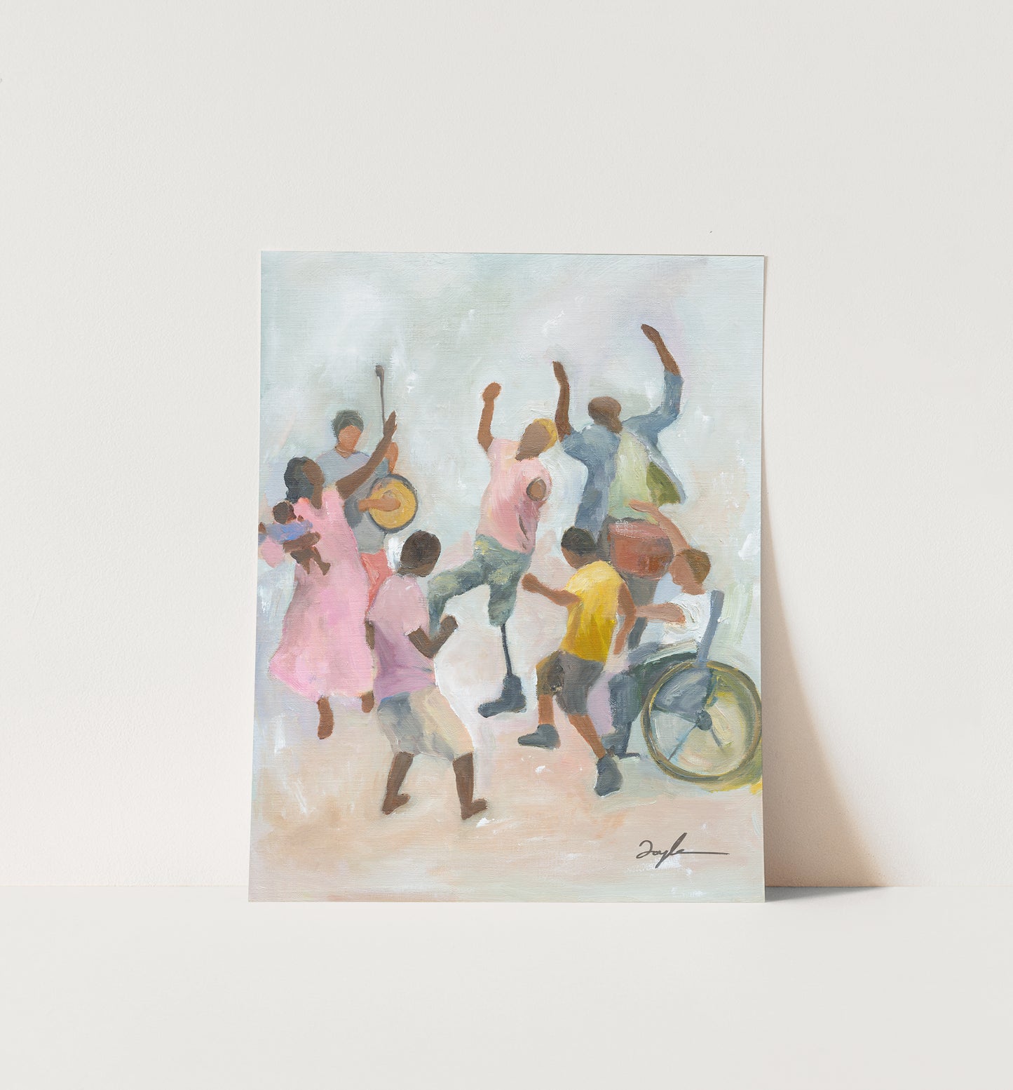 Fine art print of Colorful Christian wall art of believers dancing with joy, representing joy in the Lord, God’s presence in suffering, and vibrant faith.