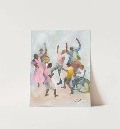 Fine art print of Colorful Christian wall art of believers dancing with joy, representing joy in the Lord, God’s presence in suffering, and vibrant faith.