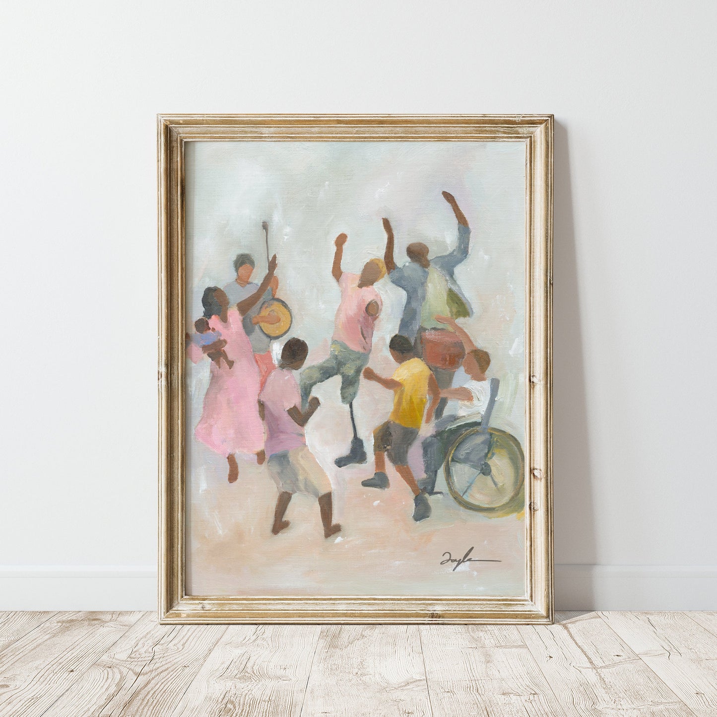 Colorful Christian wall art print of believers dancing with joy, representing joy in the Lord, God’s presence in suffering, and vibrant faith.