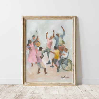 Colorful Christian wall art print of believers dancing with joy, representing joy in the Lord, God’s presence in suffering, and vibrant faith.