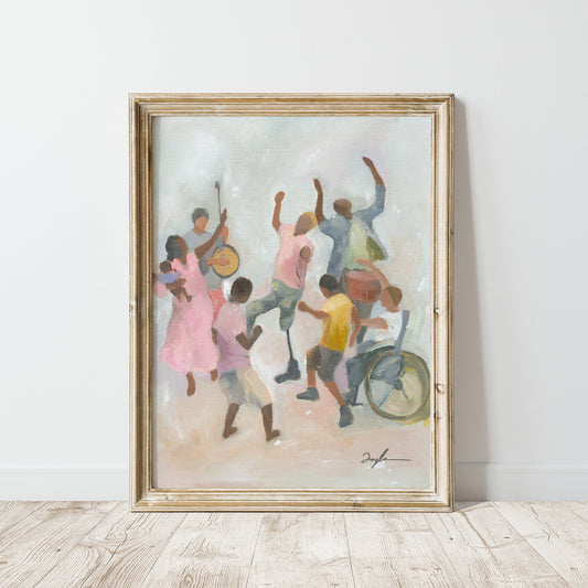 Colorful Christian wall art print of believers dancing with joy, representing joy in the Lord, God’s presence in suffering, and vibrant faith.