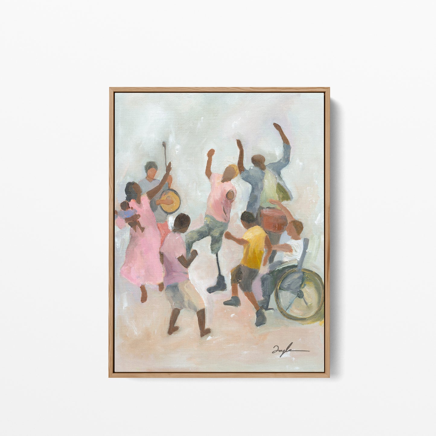 Colorful Christian wall art framed canvas print of believers dancing with joy, representing joy in the Lord, God’s presence in suffering, and vibrant faith.