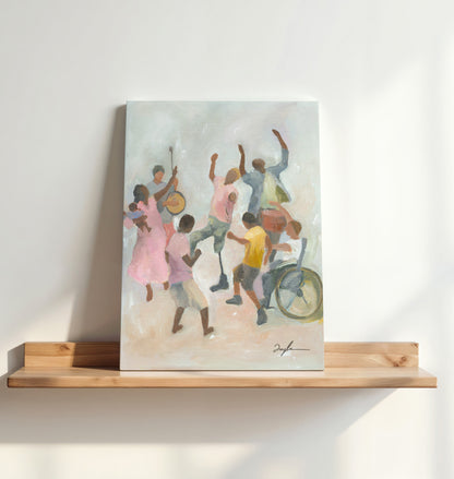 Colorful Christian wall art canvas print of believers dancing with joy, representing joy in the Lord, God’s presence in suffering, and vibrant faith.