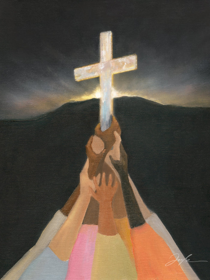 Christian wall art of diverse colorful hands lifting up the cross in darkness, with a dark mountain and morning light rising behind it.