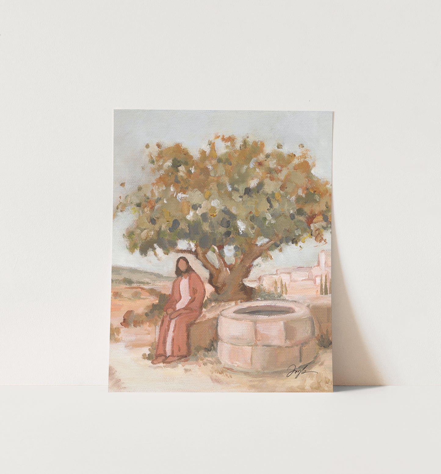 unframed artwork of Jesus at the well waiting, Christian wall art inspired by John 4, biblical scene print for home decor