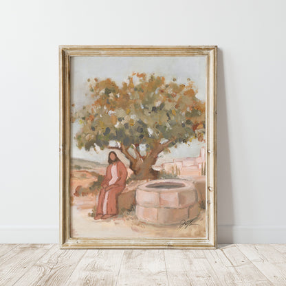 Framed artwork of Jesus at the well waiting, Christian wall art inspired by John 4, biblical scene print for home decor