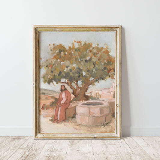 Framed artwork of Jesus at the well waiting, Christian wall art inspired by John 4, biblical scene print for home decor