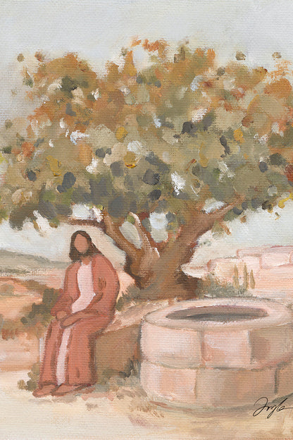 Christian art of Jesus at the well waiting, Christian wall art inspired by John 4, biblical scene print for home decor