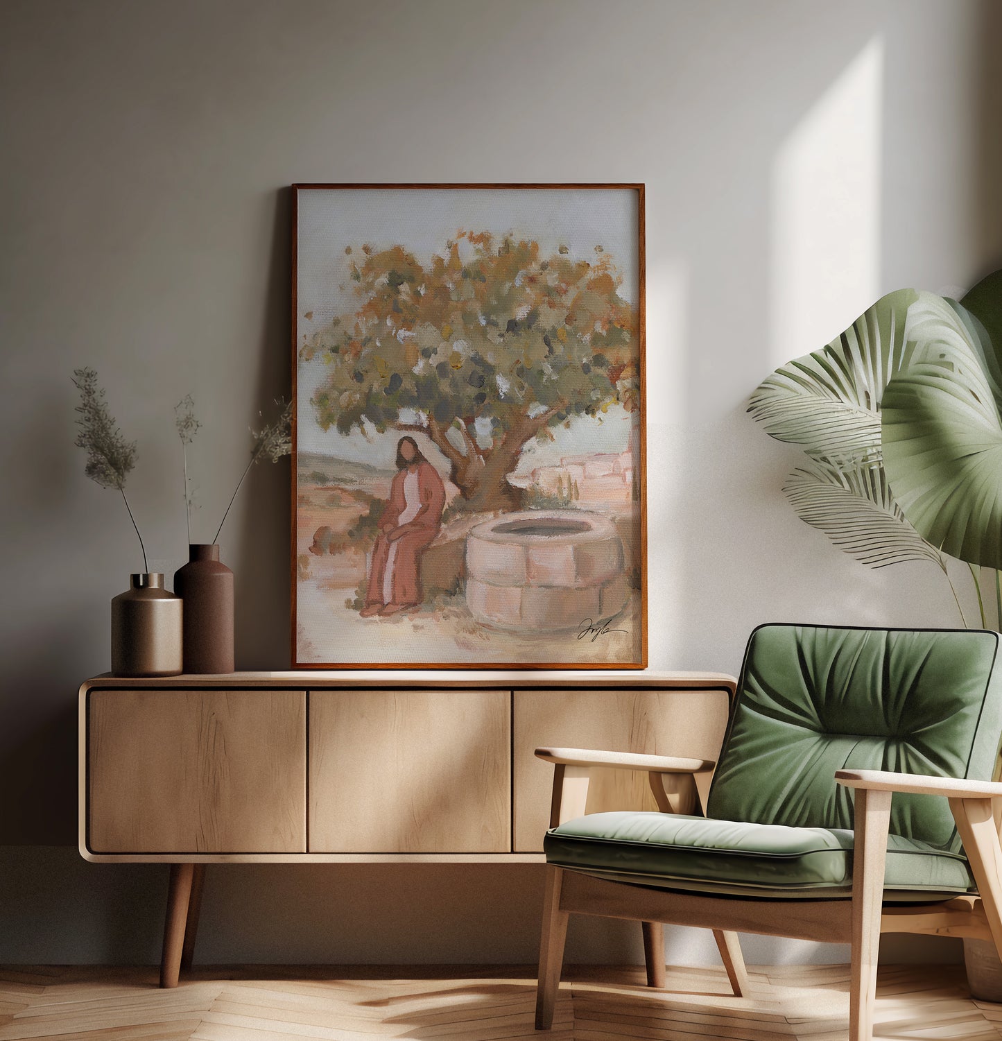 Framed canvas artwork of Jesus at the well waiting, Christian wall art inspired by John 4, biblical scene print for home decor