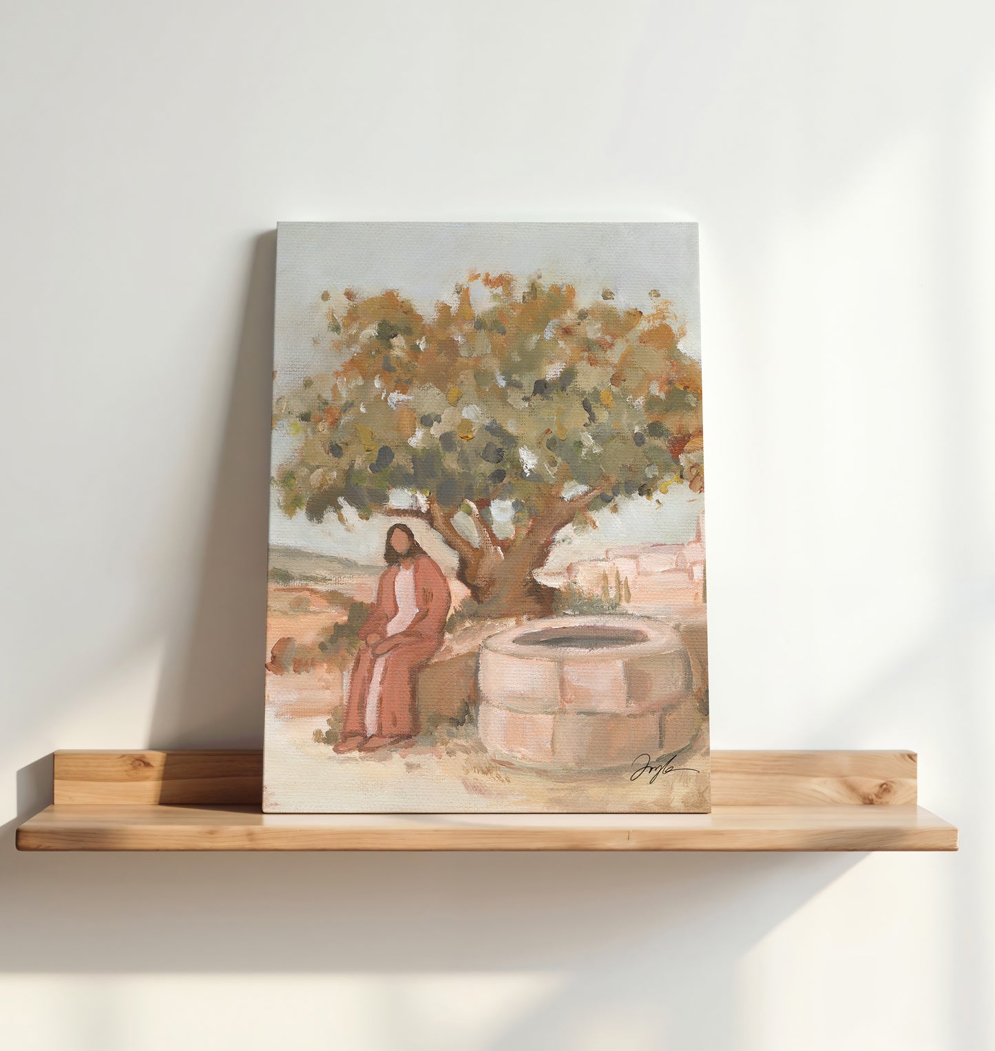 Stretched canvas artwork of Jesus at the well waiting, Christian wall art inspired by John 4, biblical scene print for home decor