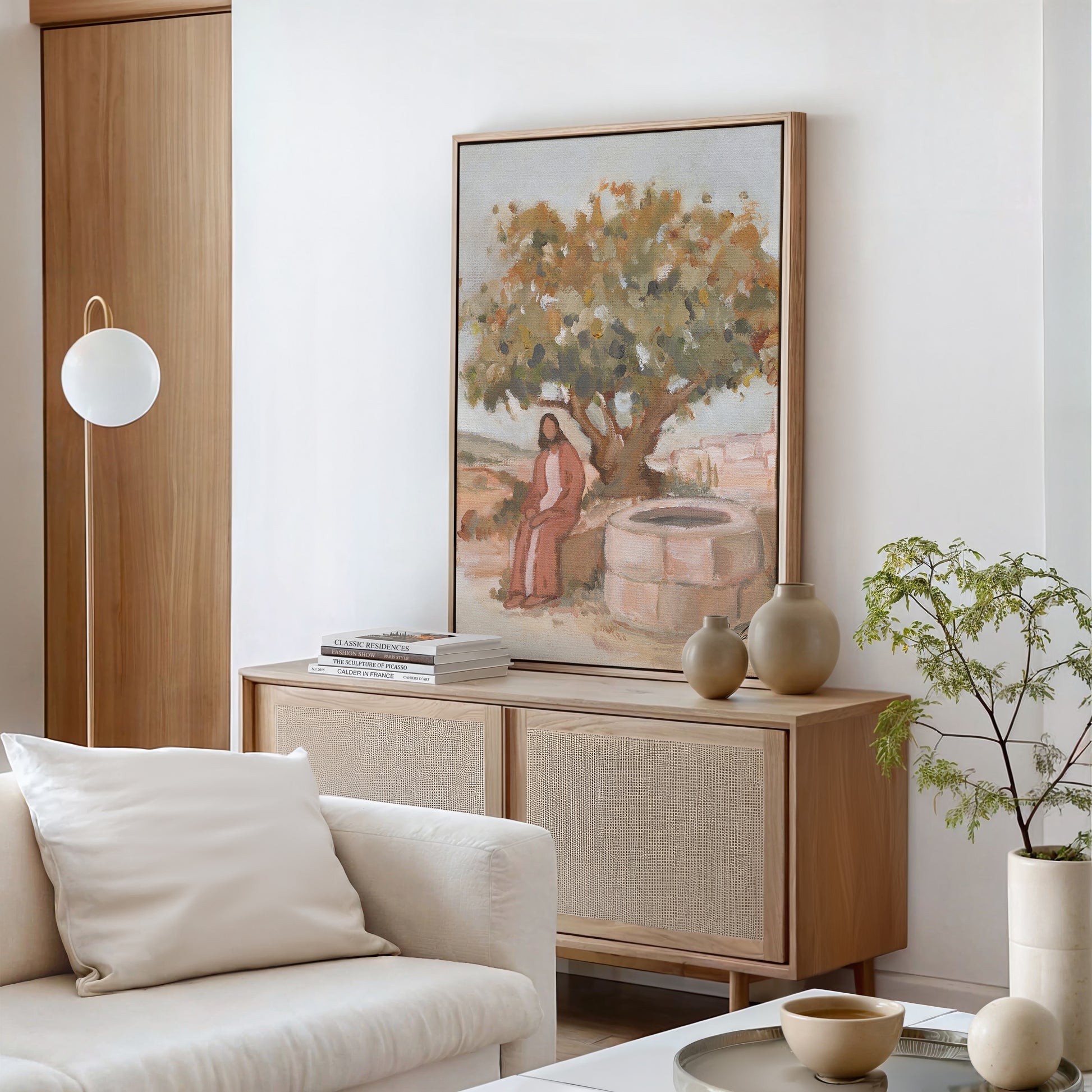 Framed canvas artwork of Jesus at the well waiting, Christian wall art inspired by John 4, biblical scene print for home decor