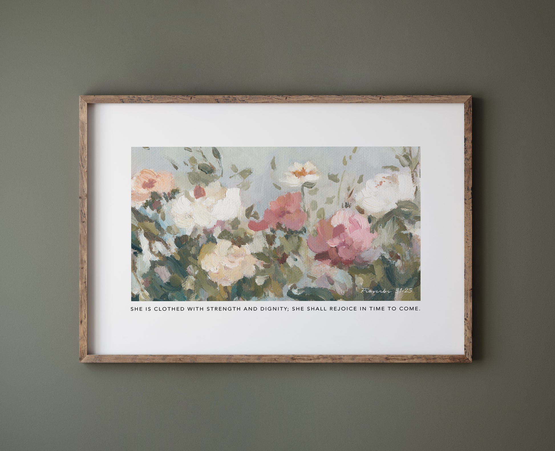 Christian floral wall art print with Proverbs 31:25 strength and dignity