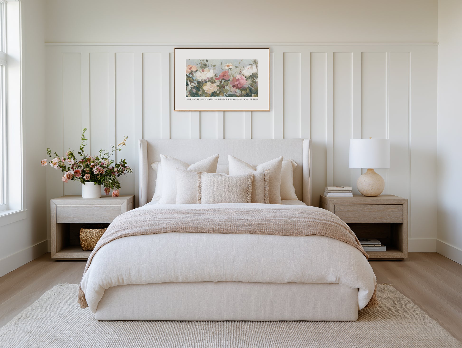 bedroom Christian floral wall art print with Proverbs 31:25 strength and dignity