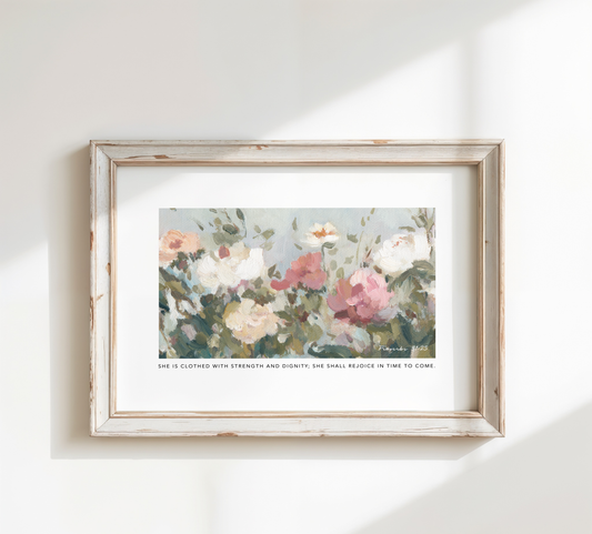 Christian floral wall art print with Proverbs 31:25 strength and dignity