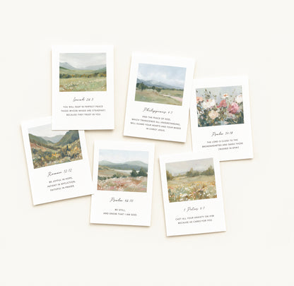 Set of six Christian Scripture cards designed to bring peace and comfort, featuring verses from 1 Peter 5:7, Isaiah 26:3, Psalm 34:18, Romans 12:12, Philippians 4:7, and Psalm 46:10.