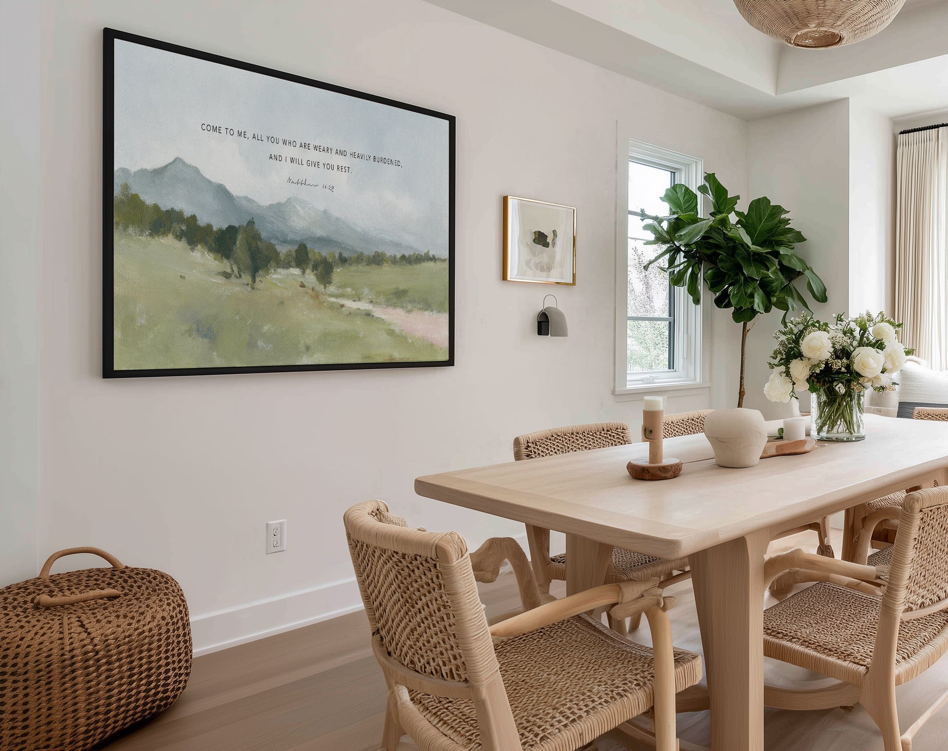 Peaceful Bible verse wall art Matthew 11:28 for restful decor