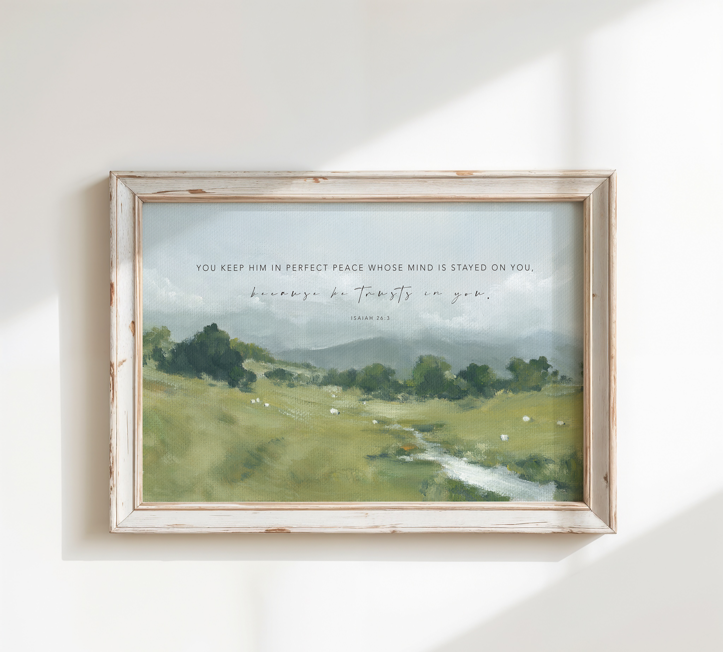 Peaceful green pasture with sheep and mountains Isaiah 26:3 art print