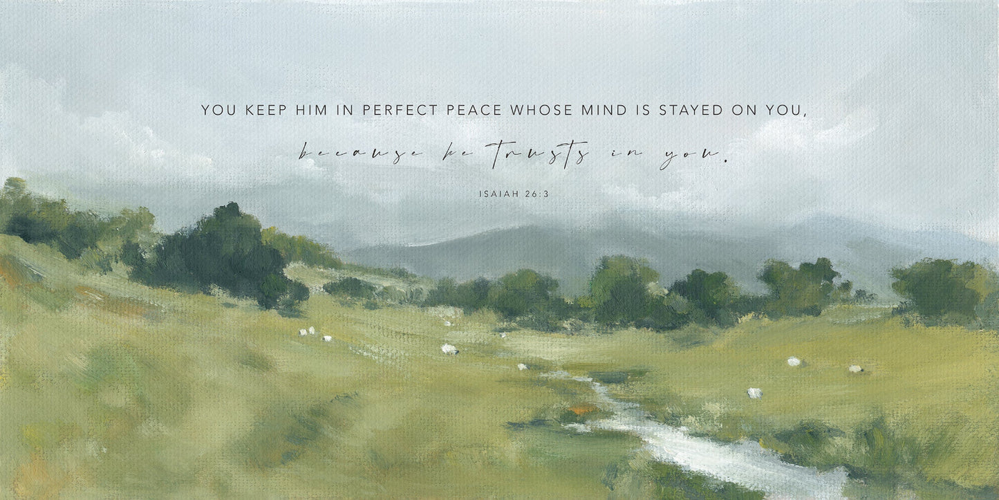 Christian wall art landscape with Bible verse Isaiah 26:3 Perfect Peace