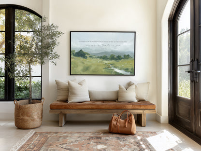Christian home decor landscape with Scripture on God’s perfect peace