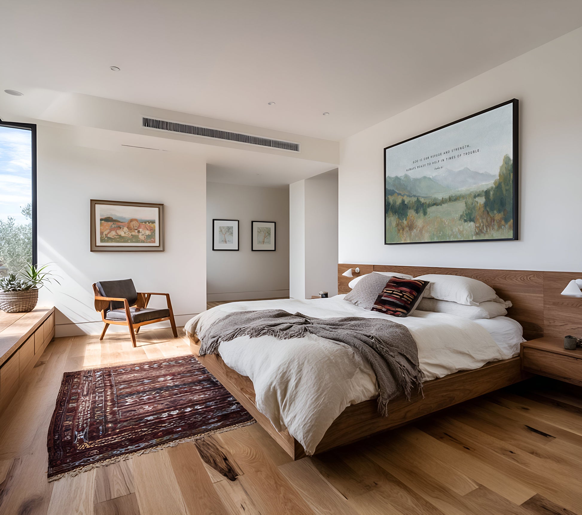 Peaceful mountain landscape with Bible verse God our Refuge and Strength in a modern bedroom