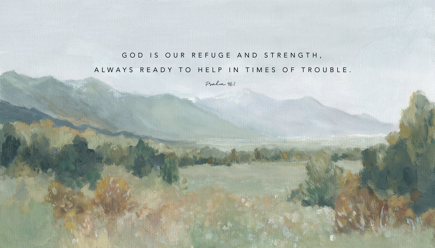 Christian landscape wall art print of valley and mountains Psalm 46:1
