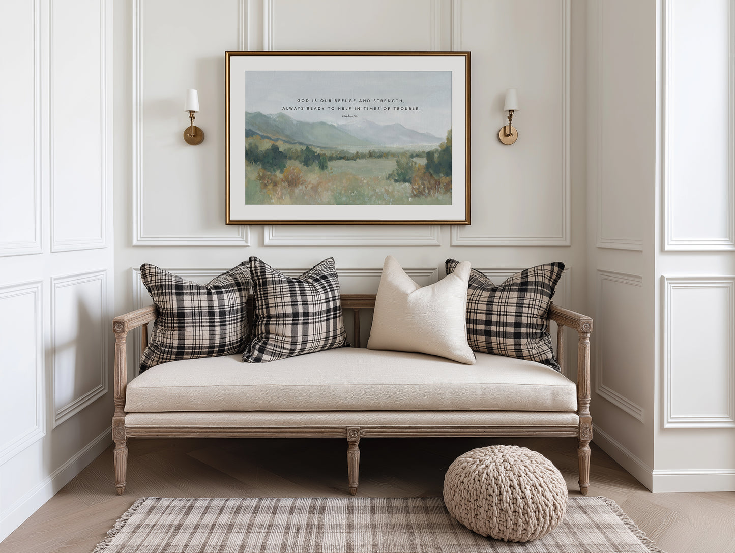 Mountain valley Christian wall art with Psalm 46:1 God our Refuge and Strength framed artwork on the wall