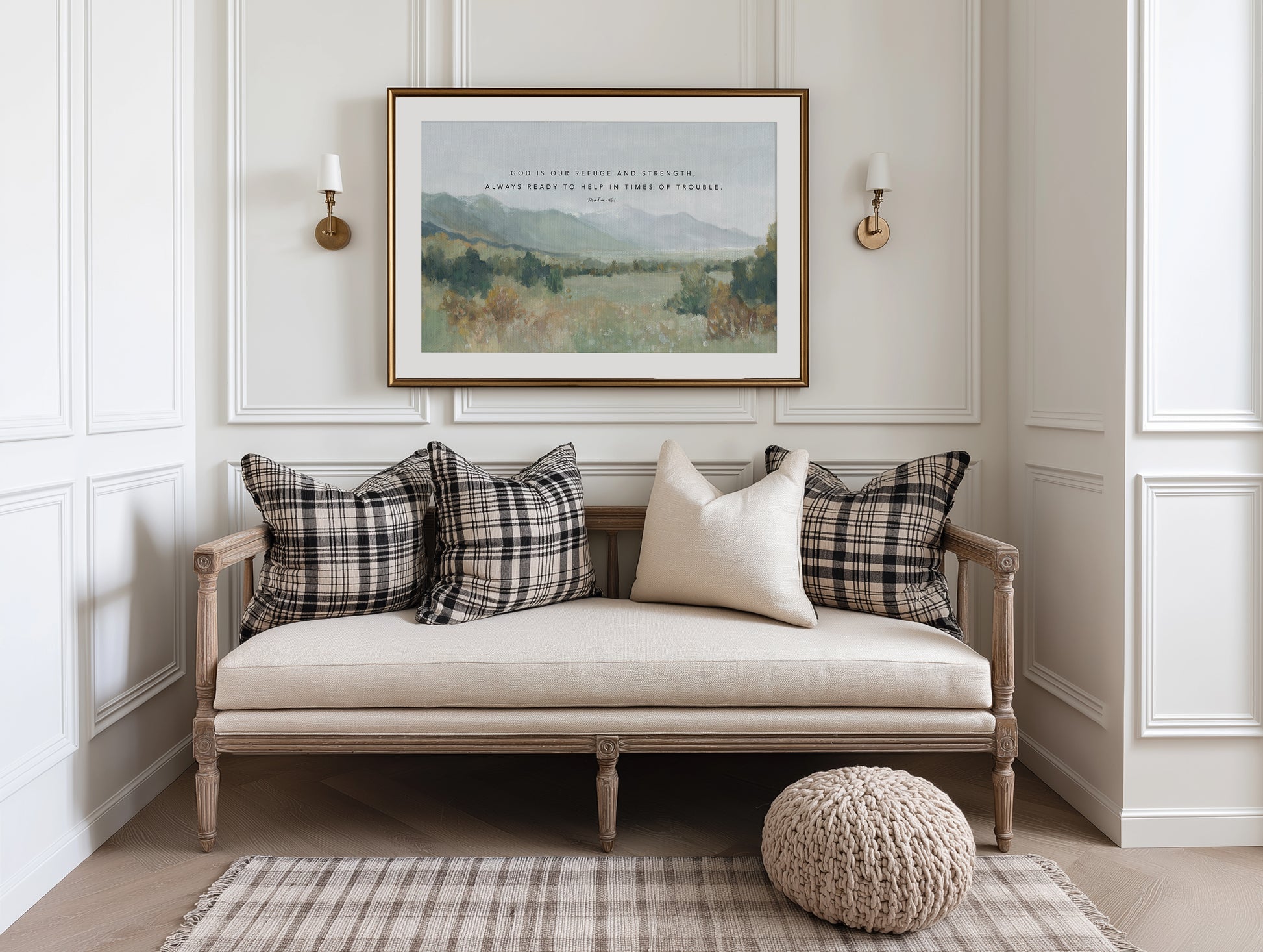 Mountain valley Christian wall art with Psalm 46:1 God our Refuge and Strength framed artwork on the wall