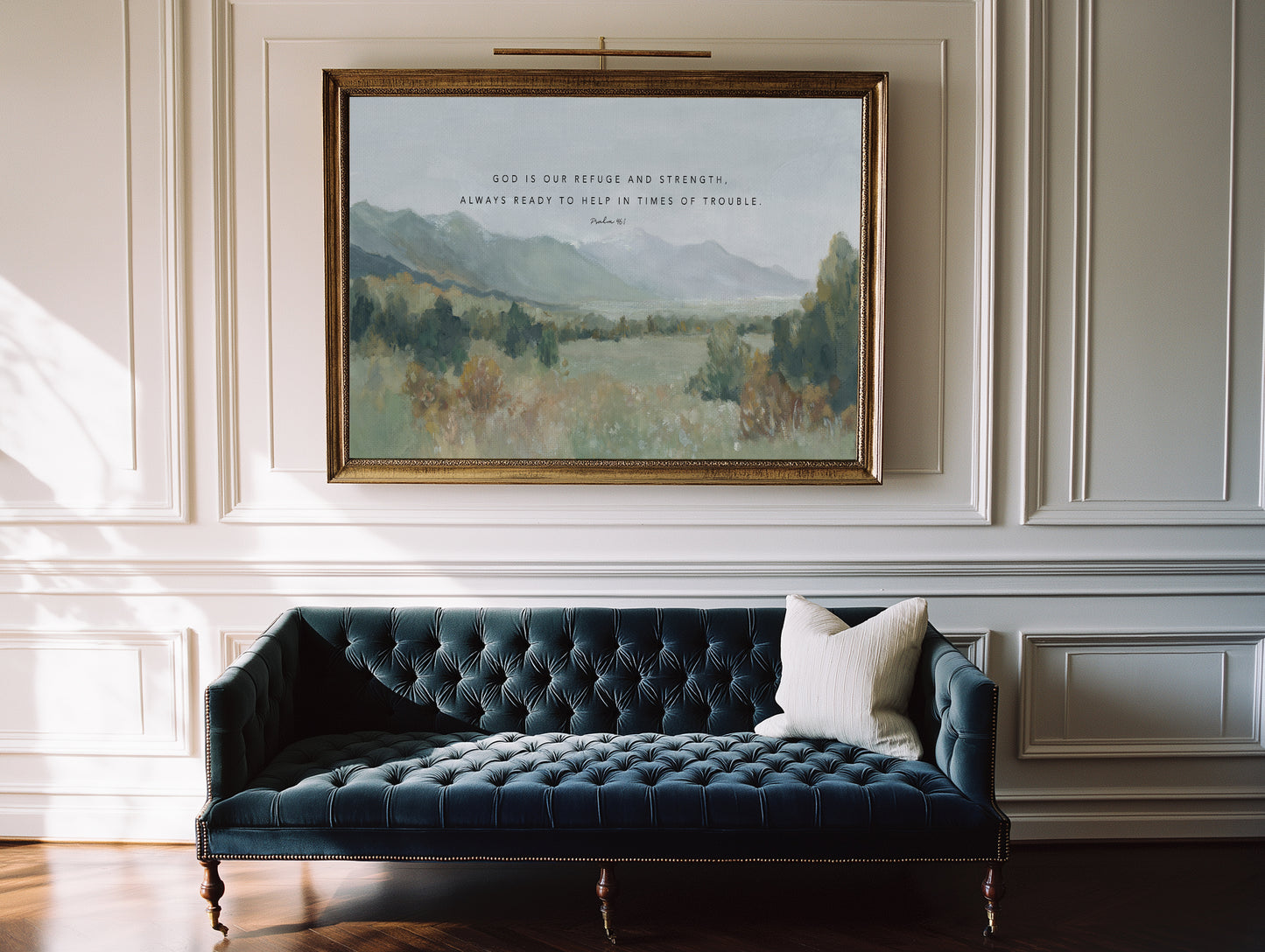 Peaceful mountain landscape art with Bible verse  Psalm 46 1 in a classy living room