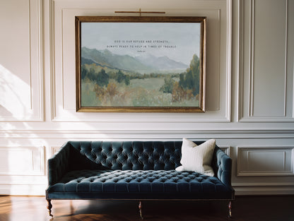 Peaceful mountain landscape art with Bible verse  Psalm 46 1 in a classy living room