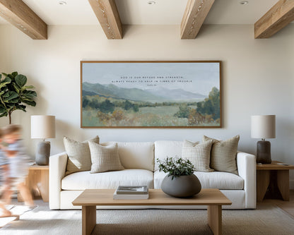 Christian landscape wall art print of valley and mountains Psalm 46:1