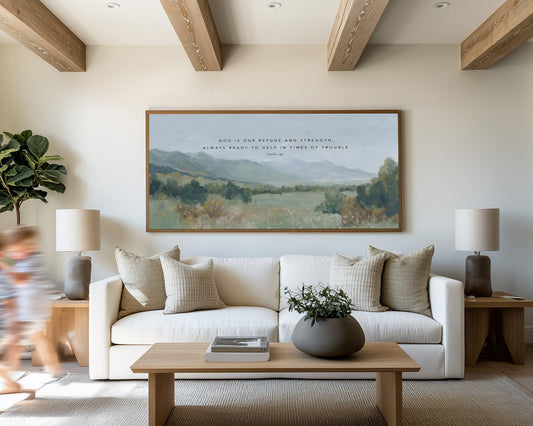 Christian landscape wall art print of valley and mountains Psalm 46:1