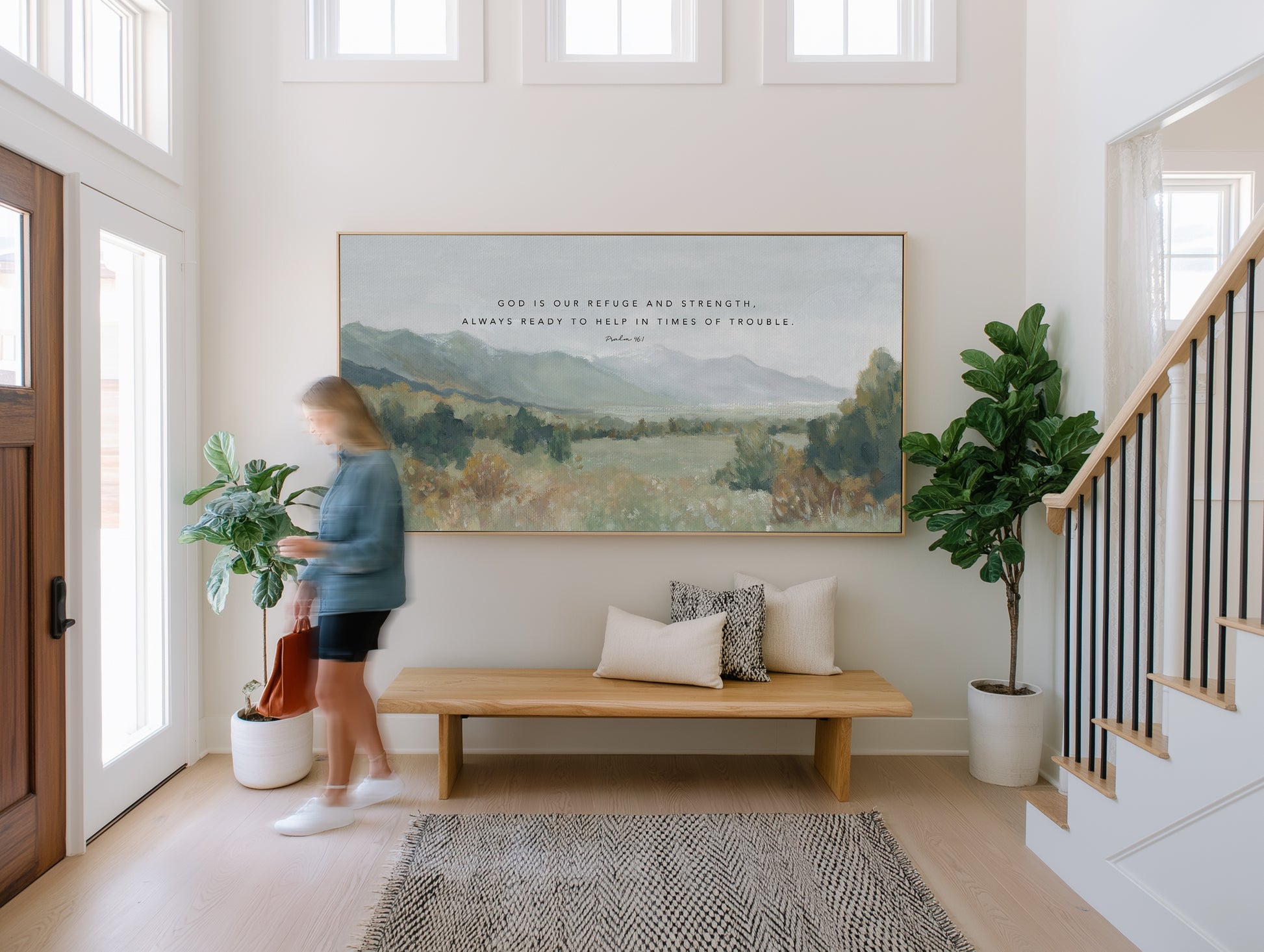 Mountain valley Christian wall art with Psalm 46:1 God our Refuge and Strength large landscape painting in Modern entry way 