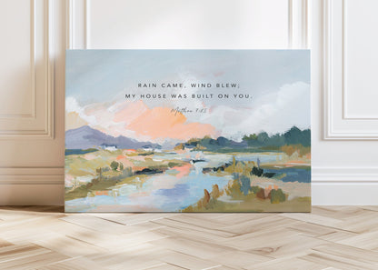 Wholesale Christian wall art print – Rain Came Wind Blew Matthew 7:25 Scripture landscape