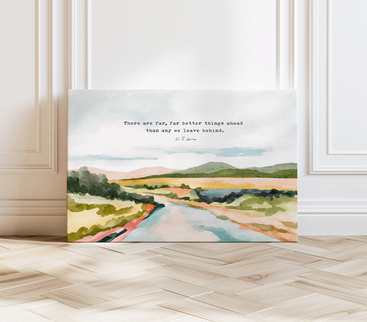Watercolor riverside landscape with C.S. Lewis quote – wholesale Christian bookstore print