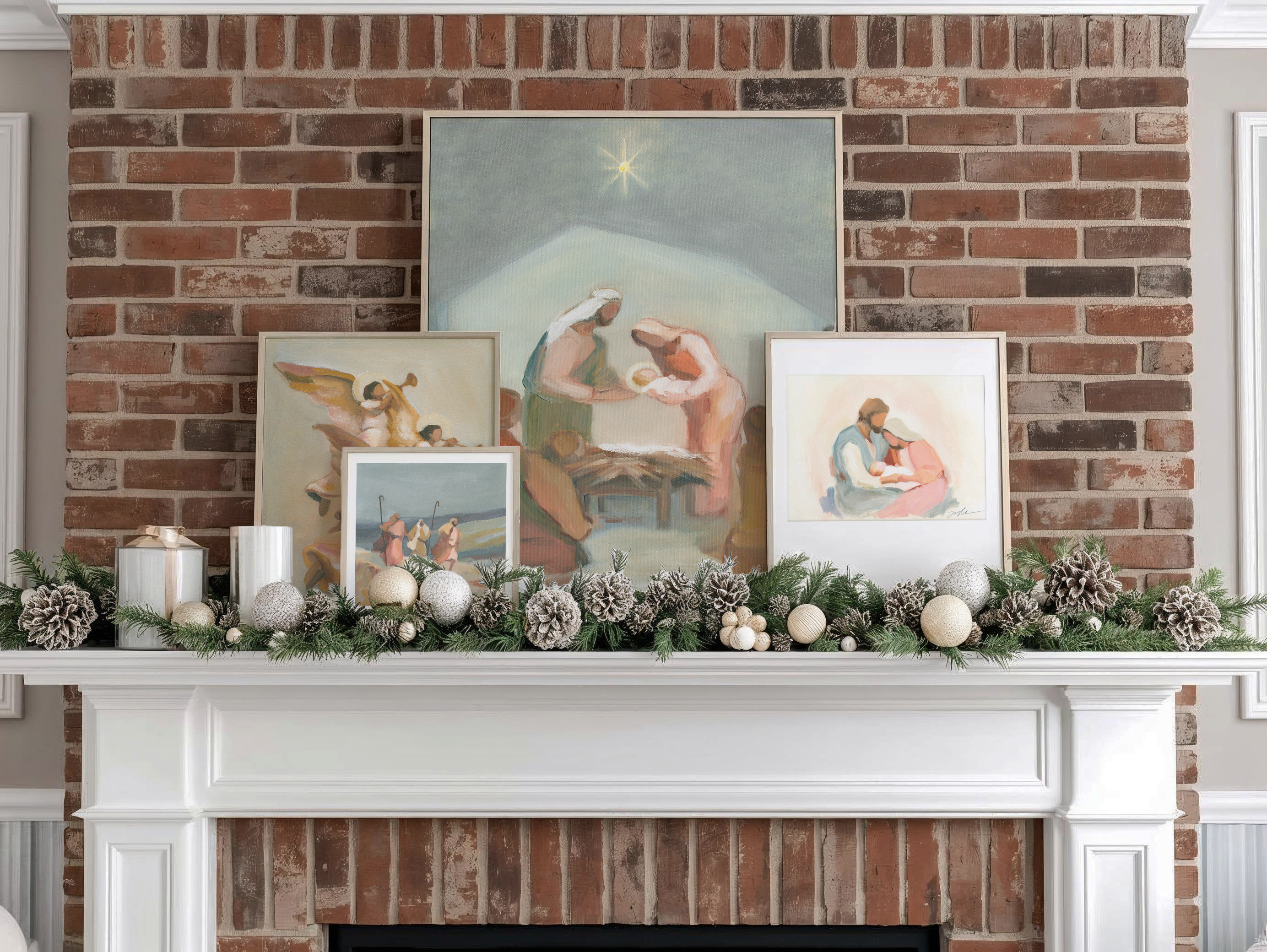4 framed Christmas artworks of nativity Jesus birth story, beautifully layered above mantel to tell the Christmas story