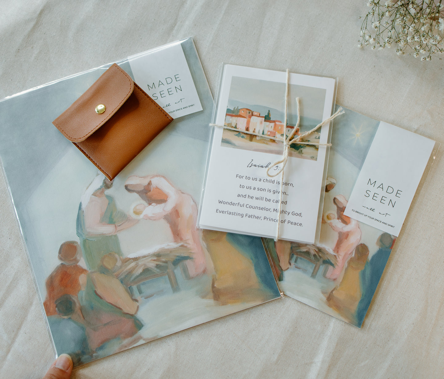 Christian Christmas gift box with 8x10 Nativity art print, Christmas Scripture cards, and gold-plated S925 cross necklace.