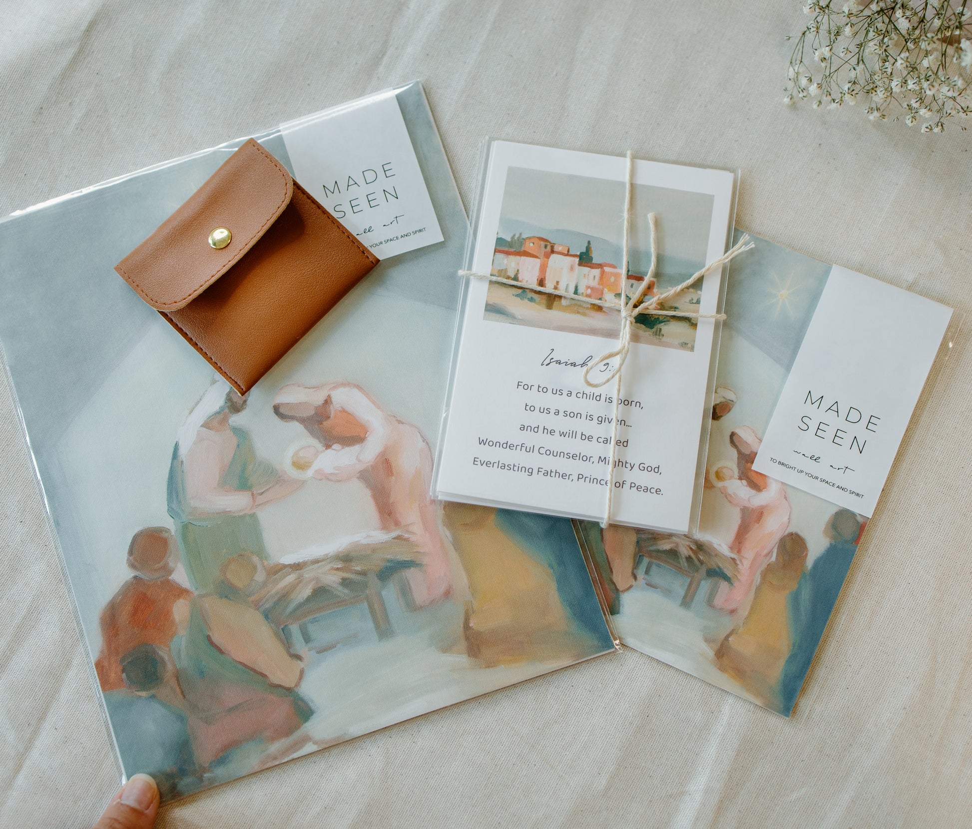 Christian Christmas gift box with 8x10 Nativity art print, Christmas Scripture cards, and gold-plated S925 cross necklace.
