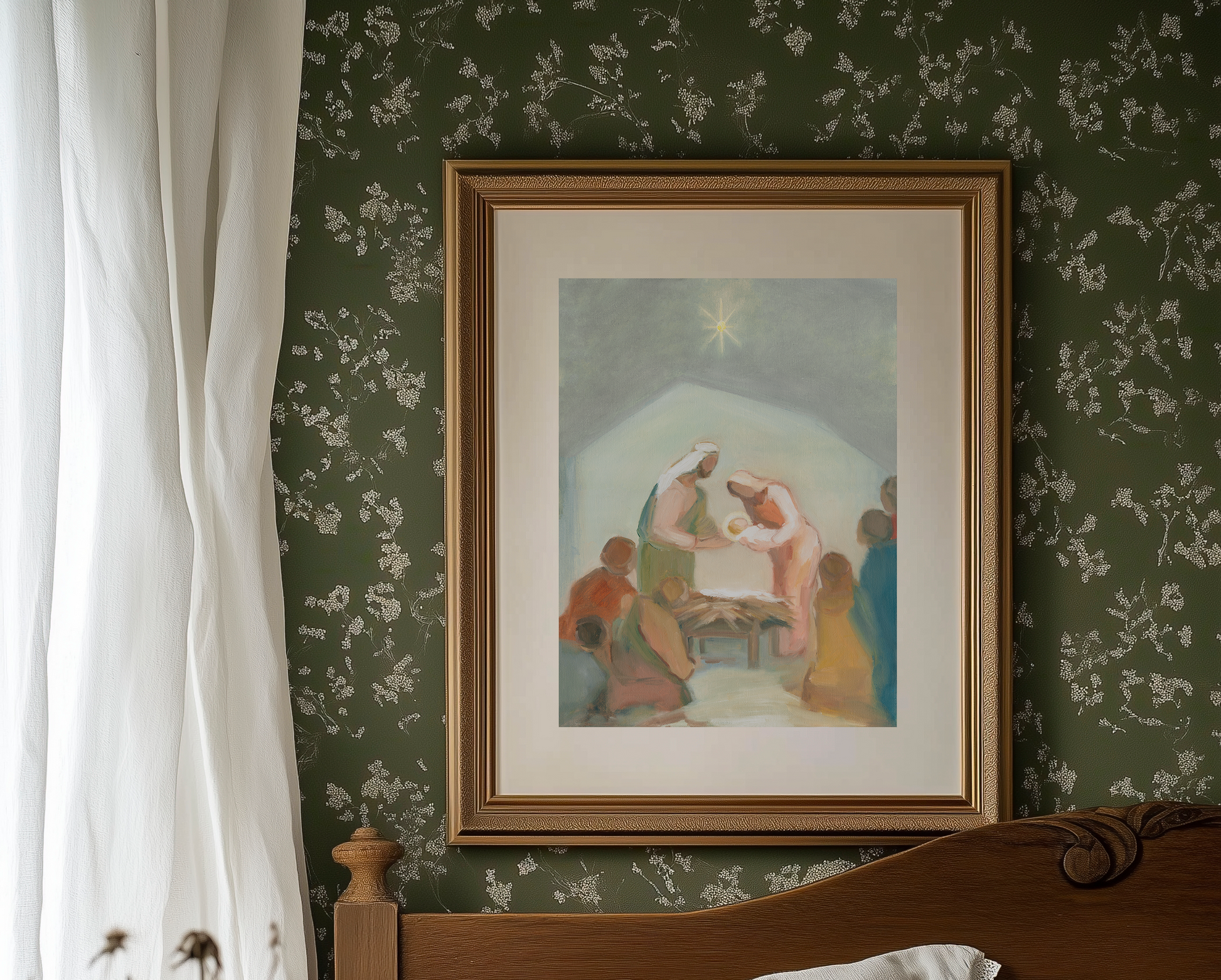8x10 Nativity wall art print of the manger scene titled ‘The Gift’ Christian Christmas decor.
