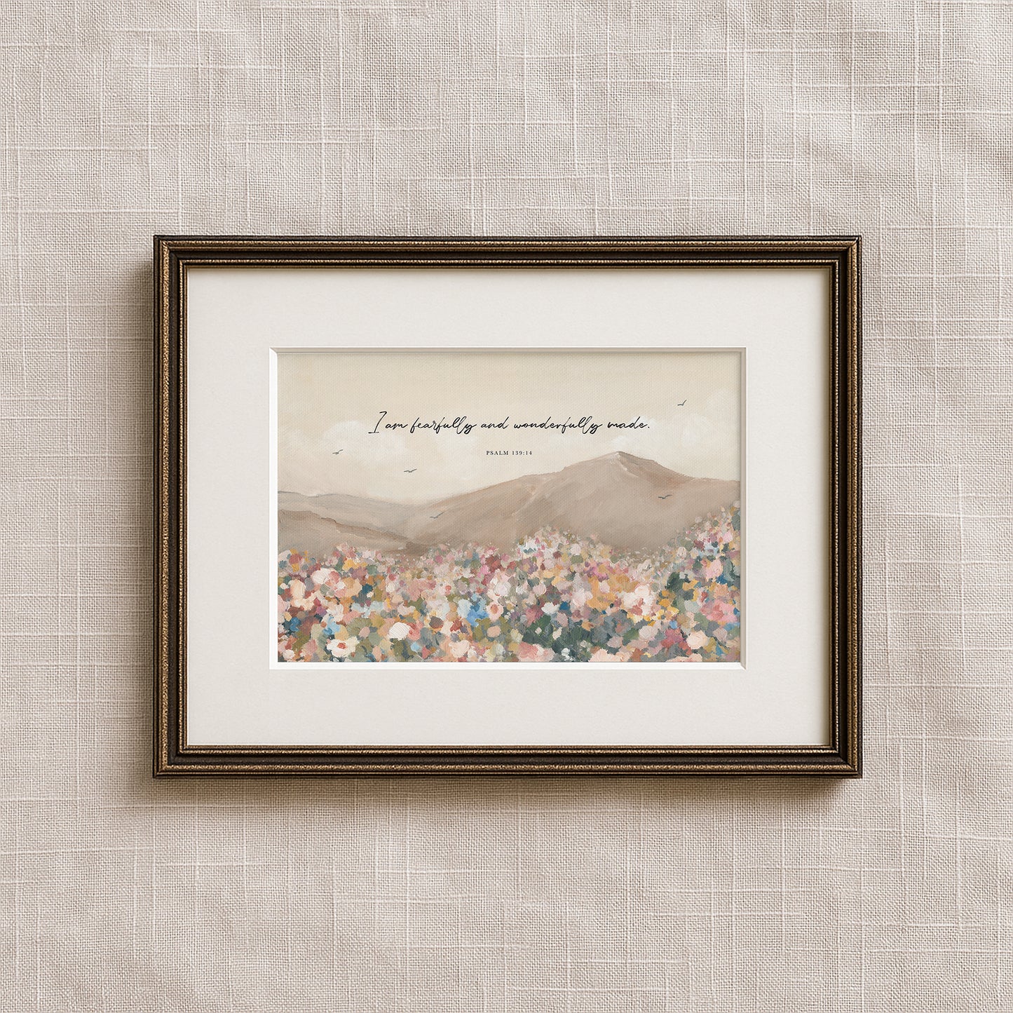 Christian wall art featuring wildflowers in a sunlit field and birds in the open sky with the Scripture quote “Fearfully and wonderfully made” from Psalm 139.