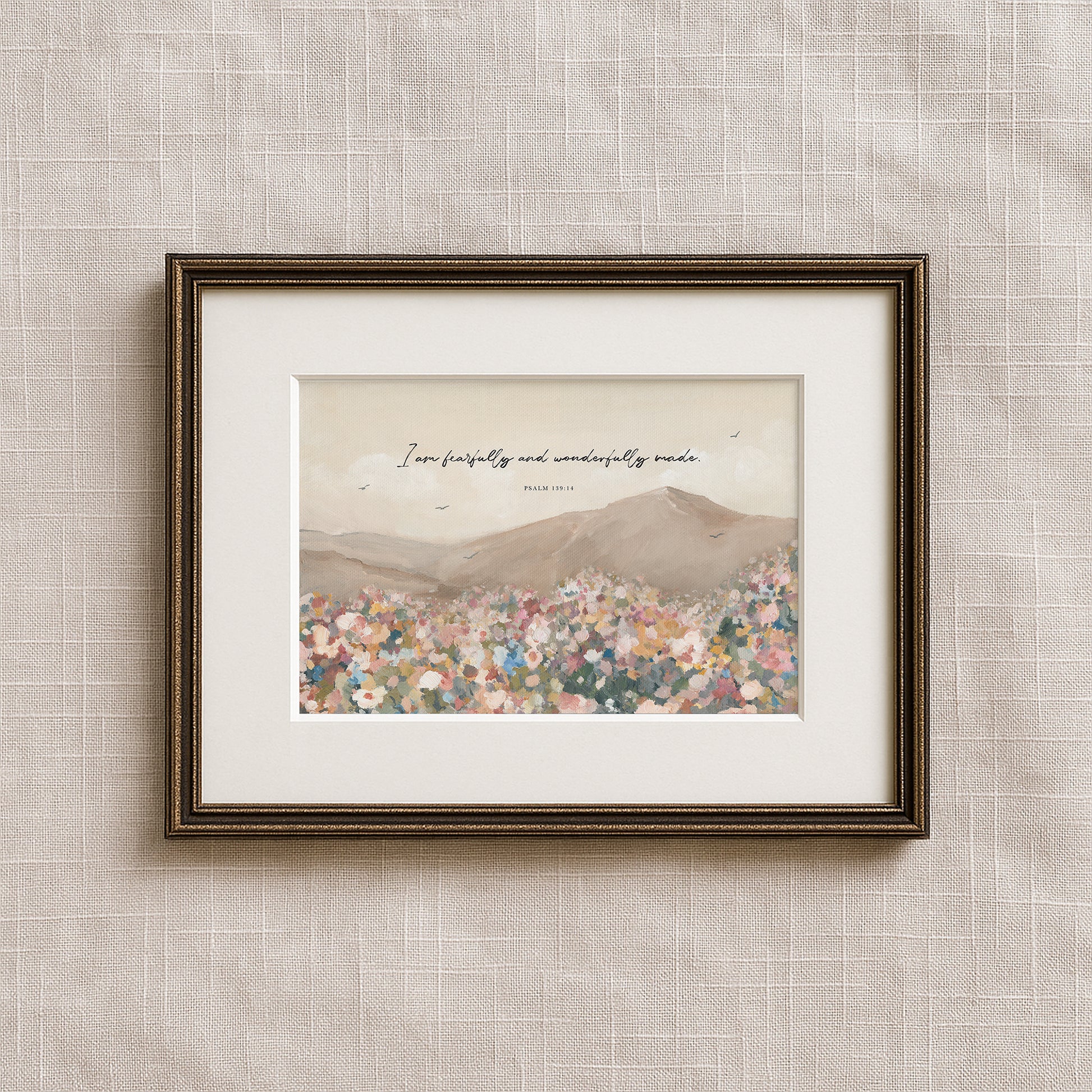 Christian wall art featuring wildflowers in a sunlit field and birds in the open sky with the Scripture quote “Fearfully and wonderfully made” from Psalm 139.