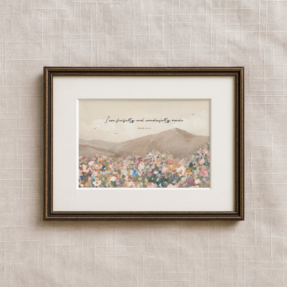Christian wall art featuring wildflowers in a sunlit field and birds in the open sky with the Scripture quote “Fearfully and wonderfully made” from Psalm 139.
