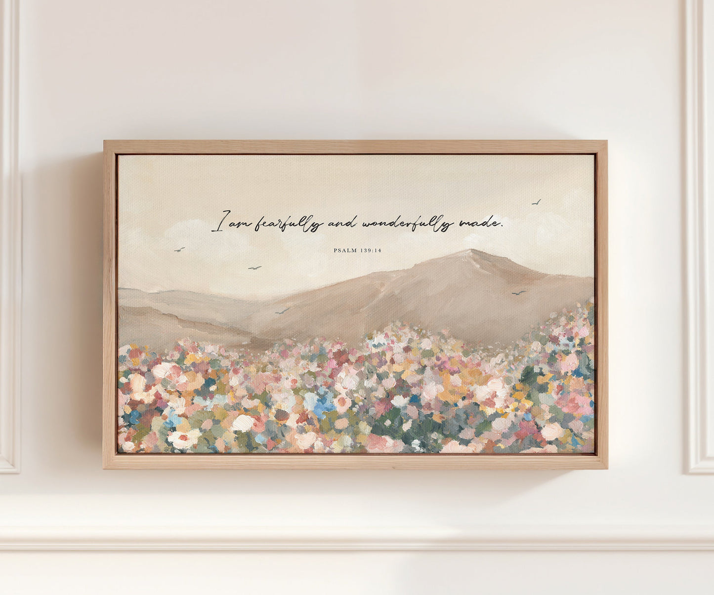 Christian wall art featuring wildflowers in a sunlit field and birds in the open sky with the Scripture quote “Fearfully and wonderfully made” from Psalm 139.